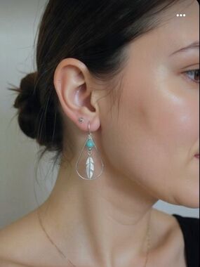 Silver Teardrop Feather Earrings with Turquoise Bead - Women Jewelry